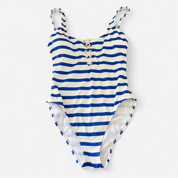 Lauren Ralph Lauren Port Stripe Blue Lace Up Grommet One Piece Swimsuit US 10 - Picture 4 of 7